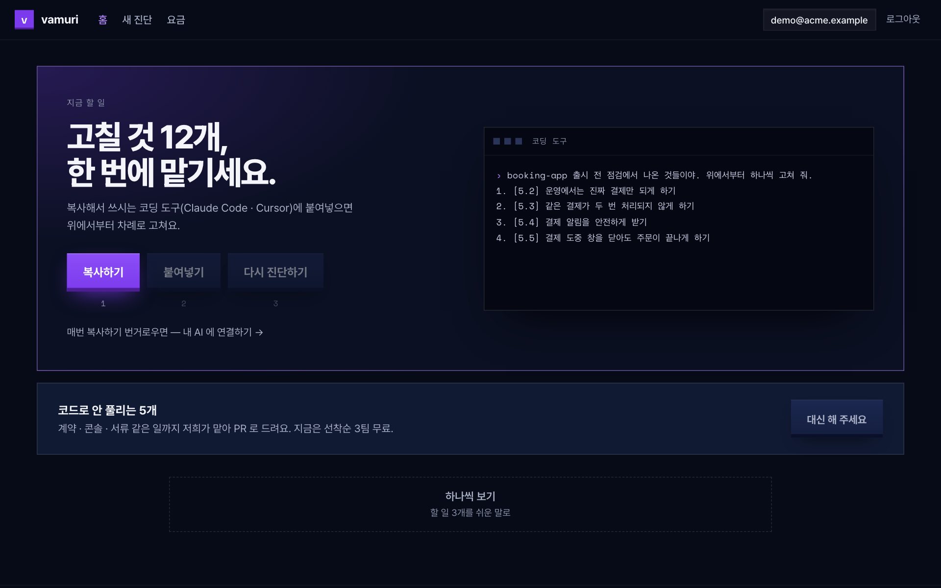 예시 리포트의 지금 할 일. 복사하기 · 붙여넣기 · 다시 진단하기 키 셋과, 넘겨질 말이 적힌 터미널 창.