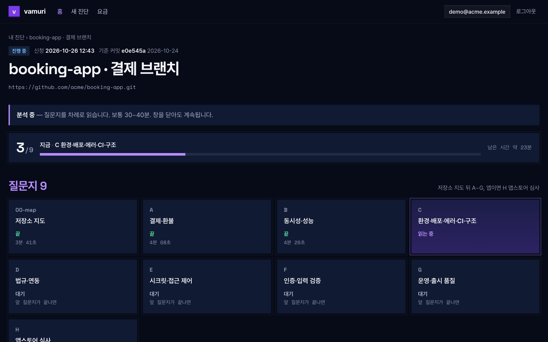 예시 분석 화면. 질문지 중 몇 개가 끝났고 지금 무엇을 읽는지, 남은 시간이 보인다.